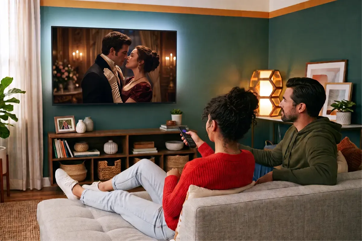 A man and woman relaxing on a couch while watching a period drama movie on a wall-mounted TV.